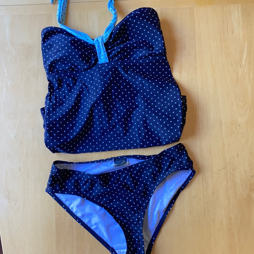 Beach Bump Maternity swim suit - Size Small. Navy Blue with light blue polka dot